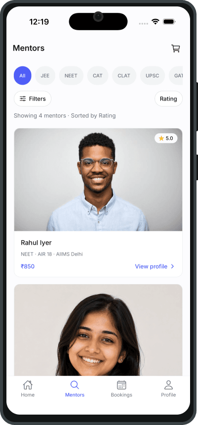 UpMentor explore mentors screen on a phone